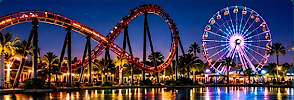 Montanha-russa e roda-gigante iluminadas à noite em Orlando